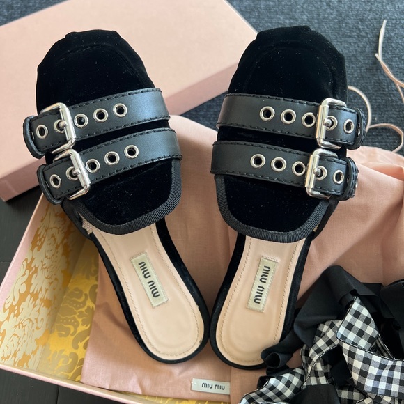 Very good condition velvet black Miumiu flats with ribbons size7.5 - Picture 1 of 6